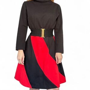 Vintage 60s 70s Black Red Dress Colorblock Long Sleeve